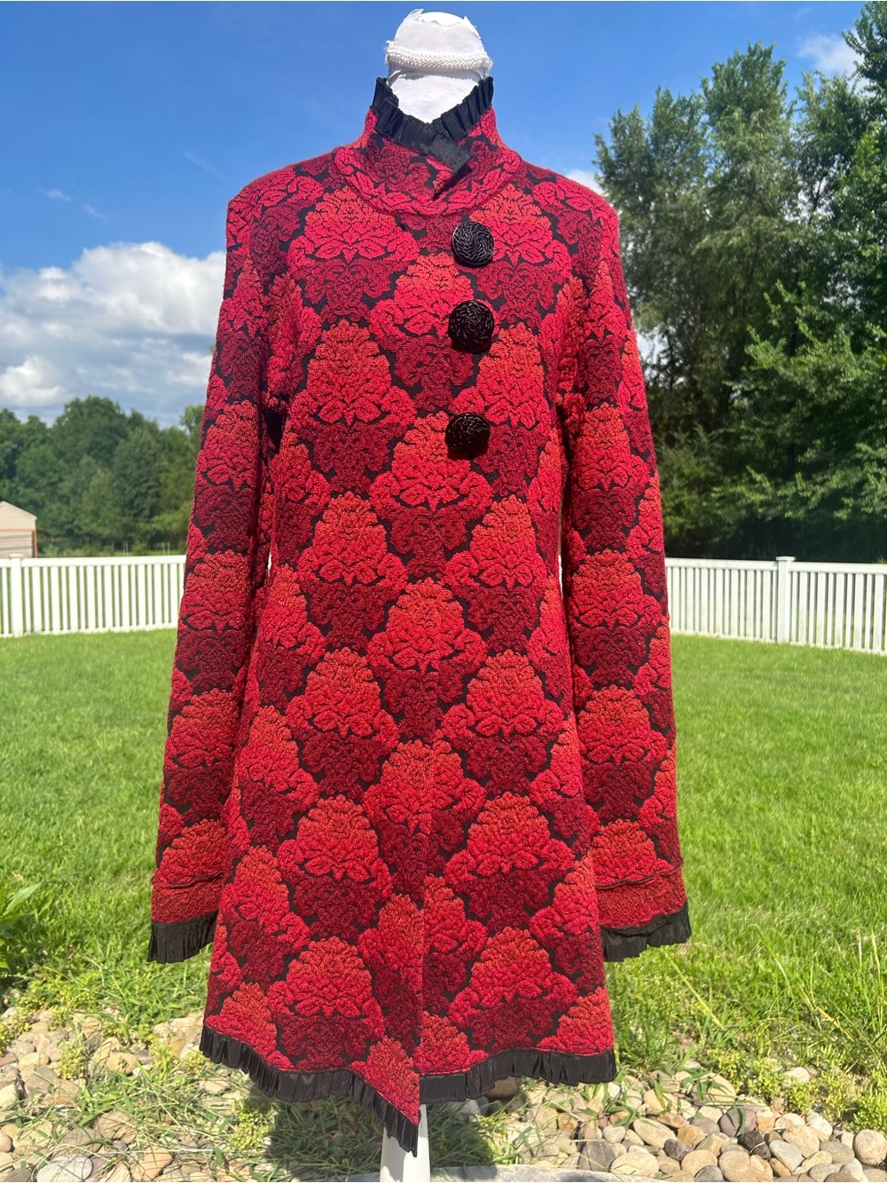 Icelandic Design Red Black Tapestry Brocade Wool Blend Long Cardigan Jacket S M